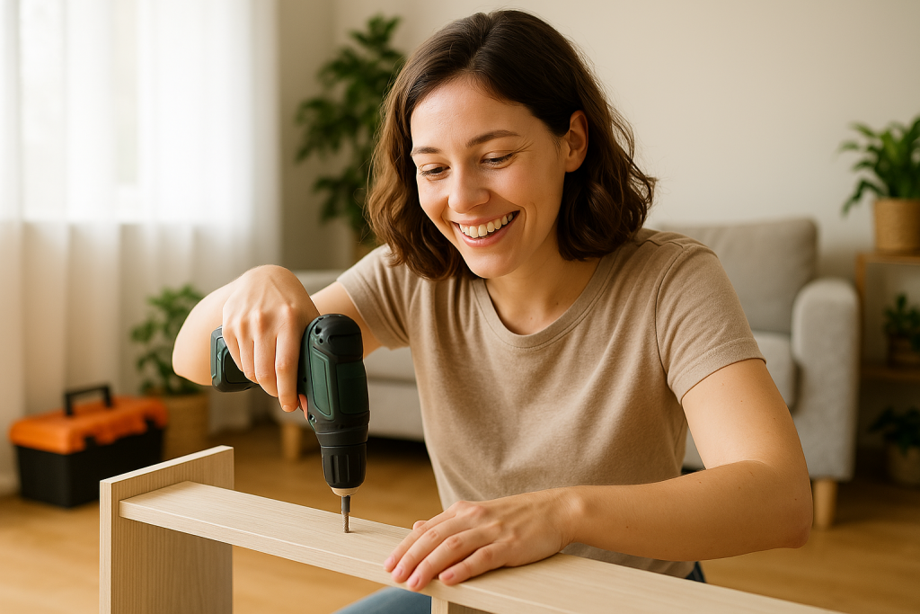 Frau schraubt einen Schrank mit Akkuschrauber