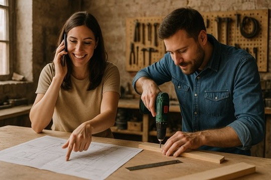 Frau-telefoniert-in-Werkstatt-Mann-mitt-Akkuschrauber